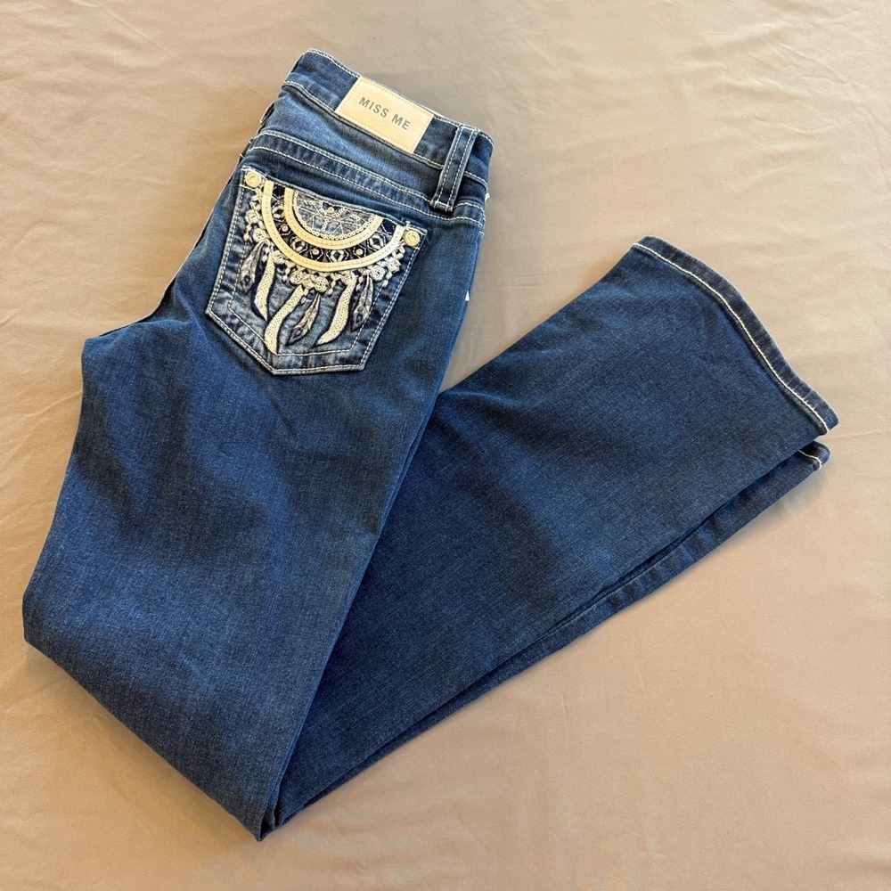 Miss Me Womens‎ Mid Rise Bootcut Jeans Dark Wash Dreamcatcher Embroidered 27x32